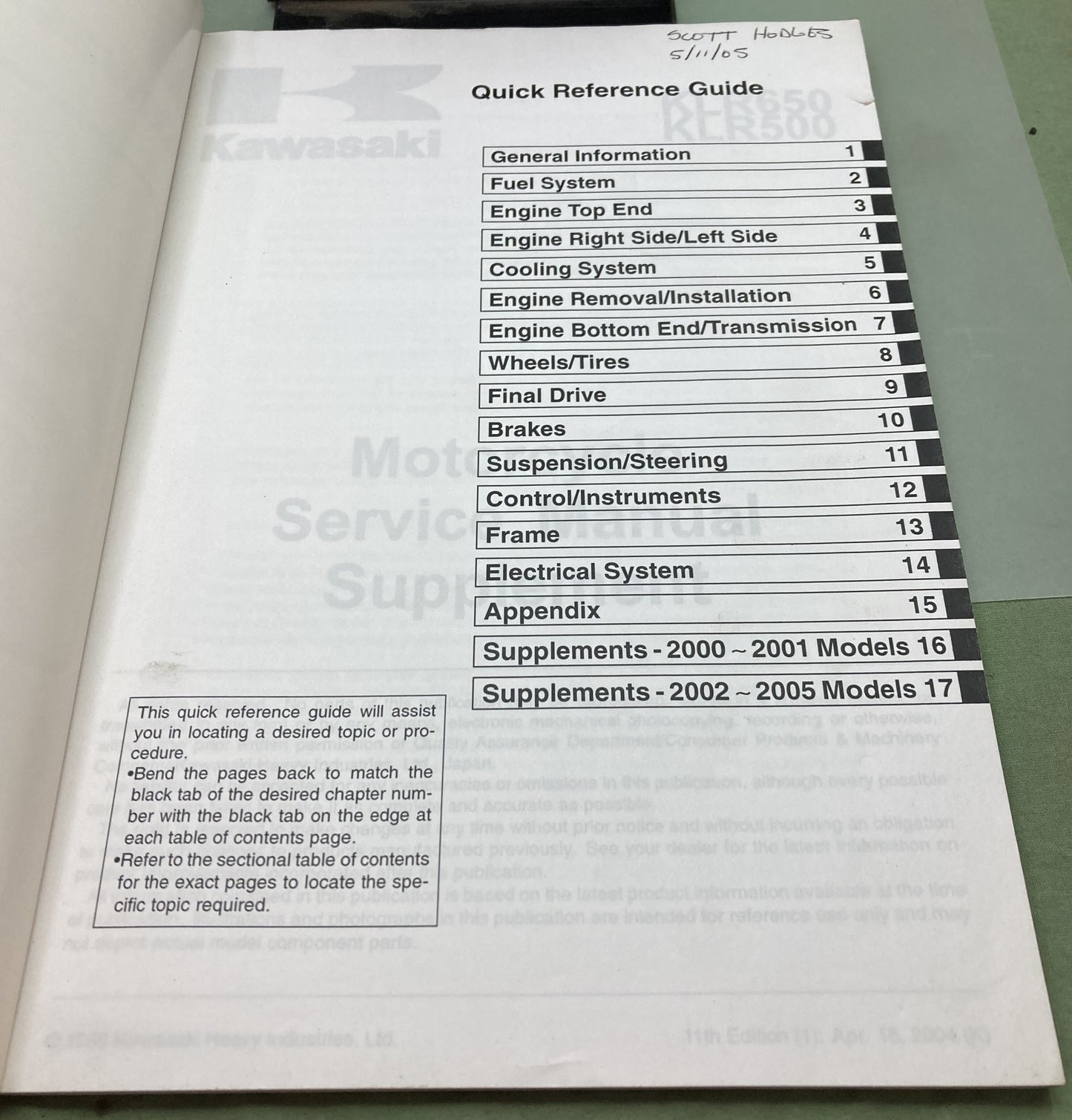 Genuine Kawasaki 99924-1080-61 KLR650 KLR500 Supp. Service Manual 2004