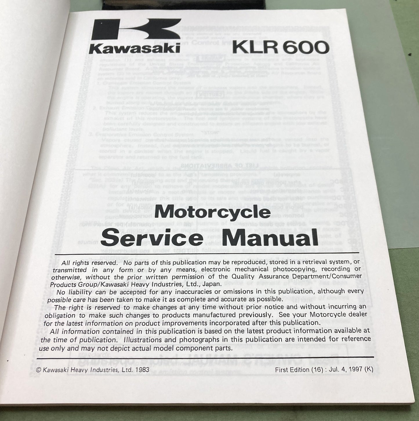 Genuine Kawasaki 99924-1050-01 KLR600 Supp. Service Manual 1997