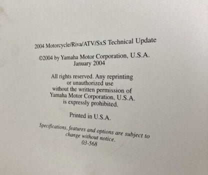 Yamaha LIT-17500-00-04 Motorcycle/ATV/SxS Technical Update 2004 Genuine
