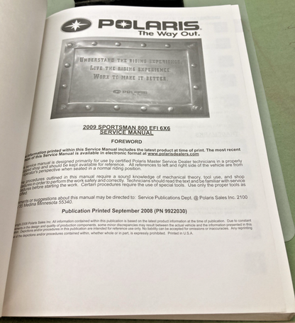 GENUINE POLARIS 9922030 SPORTSMAN BIG BOSS 6X6 800 EFI SERVICE MANUAL 2009