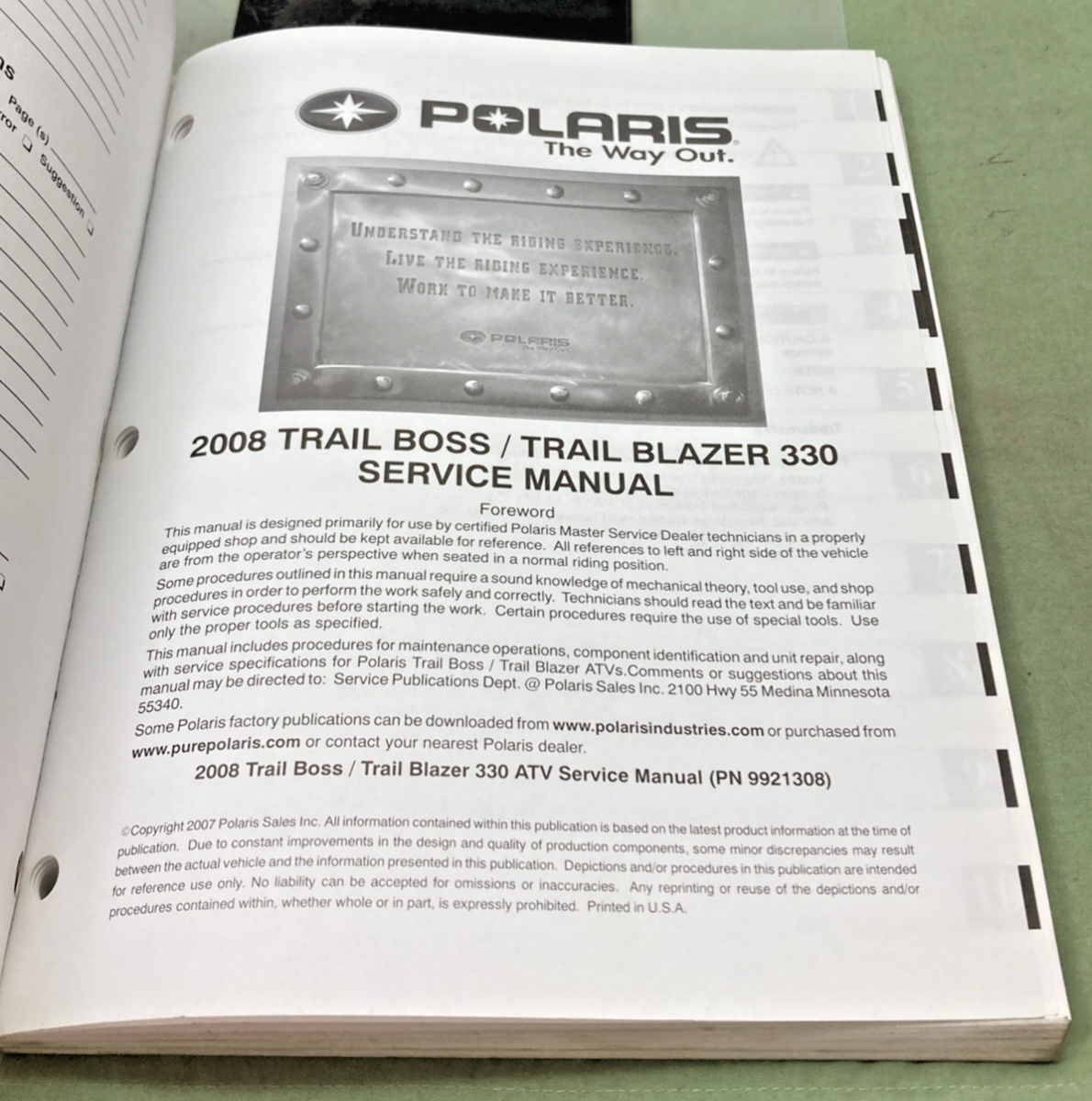 GENUINE POLARIS 9921308 TRAILBOSS/TRAILBLAZER SERVICE MANUAL 2008