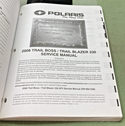 GENUINE POLARIS 9921308 TRAILBOSS/TRAILBLAZER SERVICE MANUAL 2008