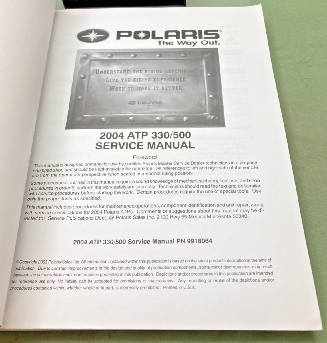 GENUINE POLARIS 9918064 ATP 330/500 SERVICE MANUAL 2004