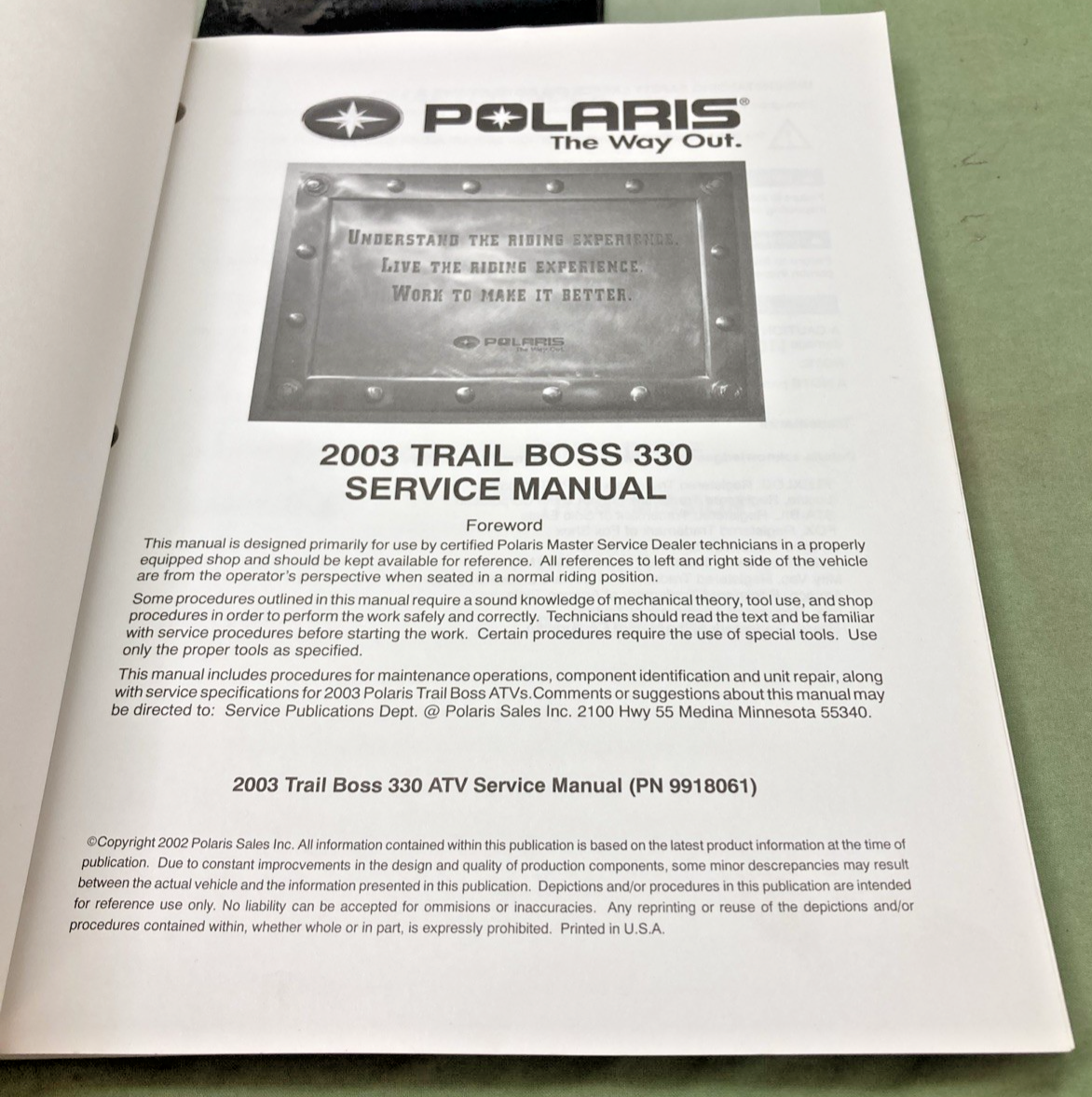 GENUINE POLARIS 9918061 TRAIL BOSS SERVICE MANUAL 2003