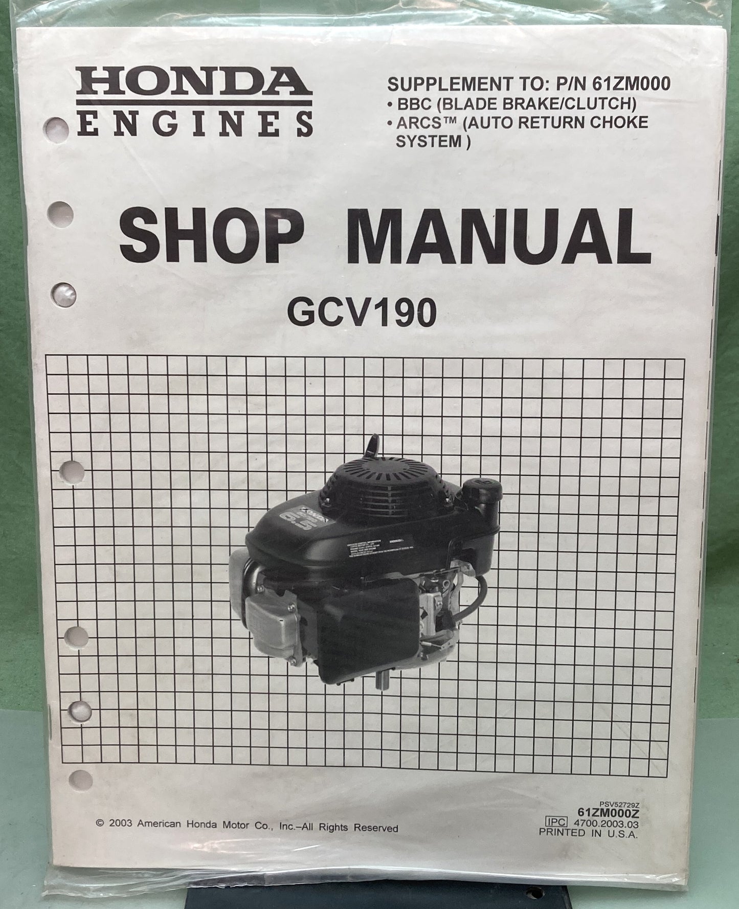 New Genuine Honda 61ZM000Z GCV190 Supp. Shop Manual 2003