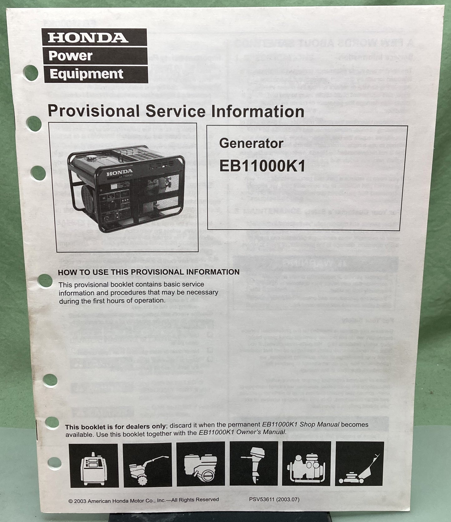 Genuine Honda PSV53611 Generator EB11000K1 Provisional Service Information 2003