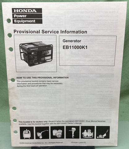 Genuine Honda PSV53611 Generator EB11000K1 Provisional Service Information 2003