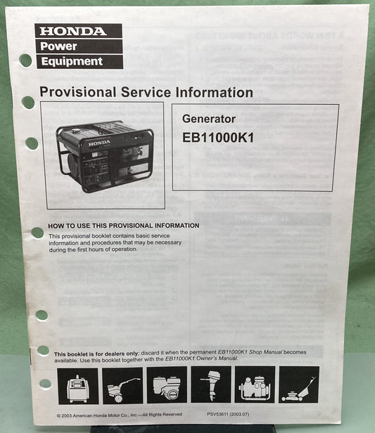 Genuine Honda PSV53611 Generator EB11000K1 Provisional Service Information 2003