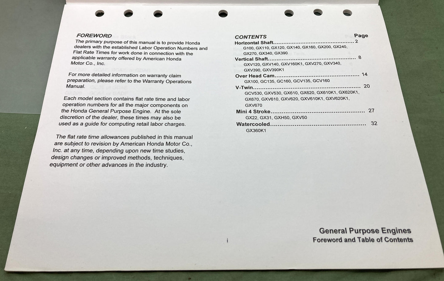 Genuine Honda TE110 Warranty Flat Rate Manual General Purpose Engines 2002