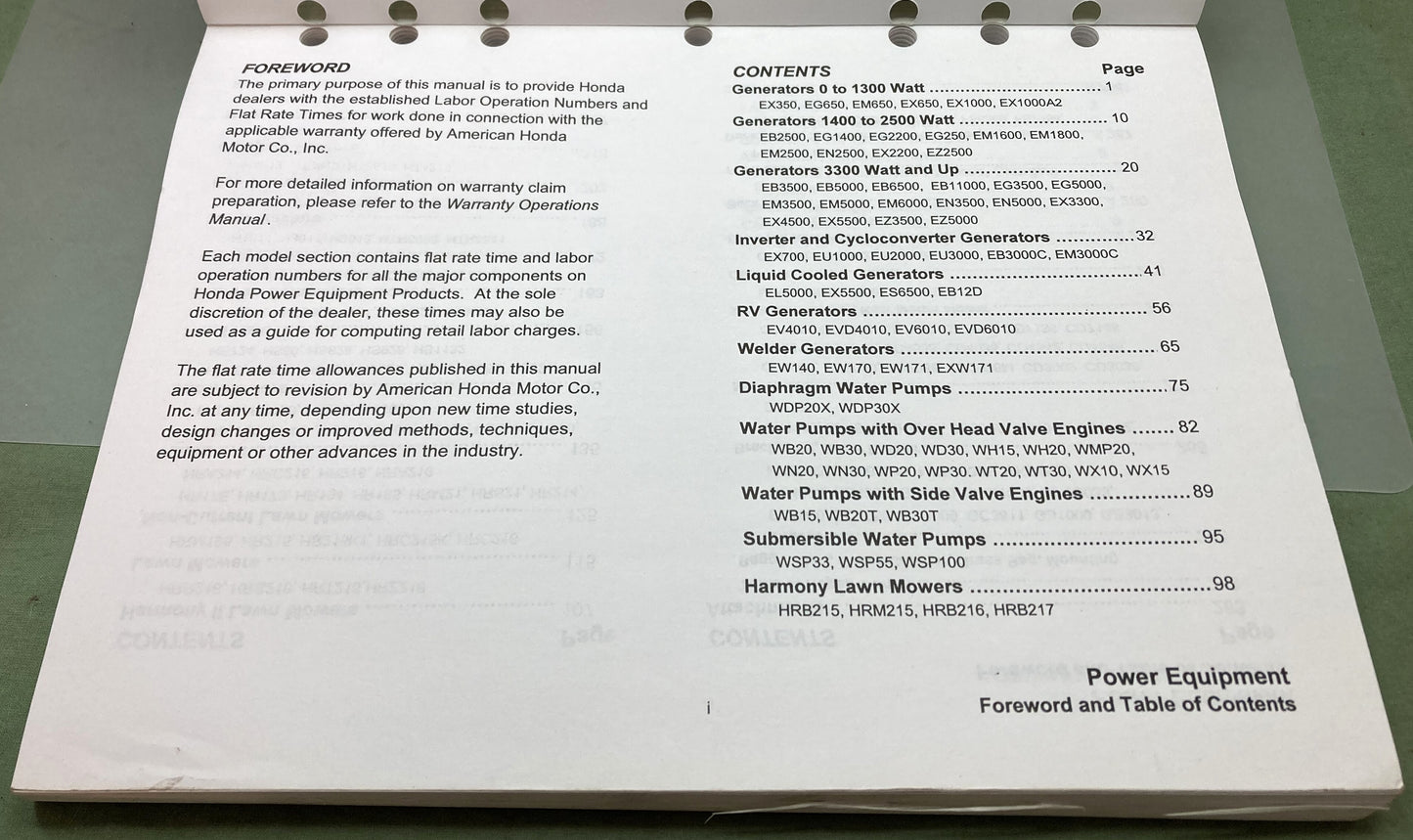 Genuine Honda TO153 Warranty Flat Rate Manual Power Equipment Products '86-'03