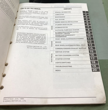 Genuine Honda 61HA802 TRX250 Fourtrax 250 Service Manual 1986