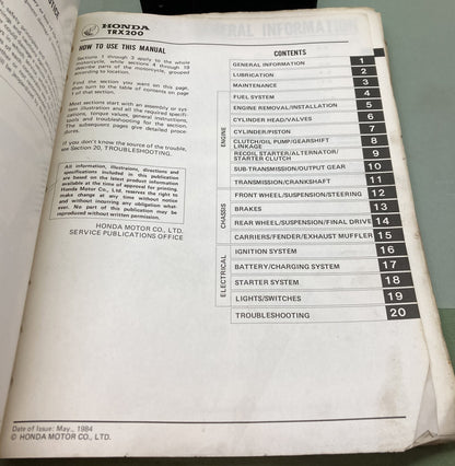 Genuine Honda 61VM500 TRX200 Shop Manual 1984