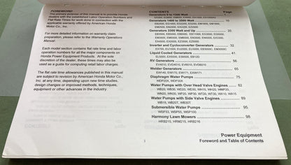 Genuine Honda PFR53458 Warranty Flat Rate Manual for Honda Power Equipment 2002