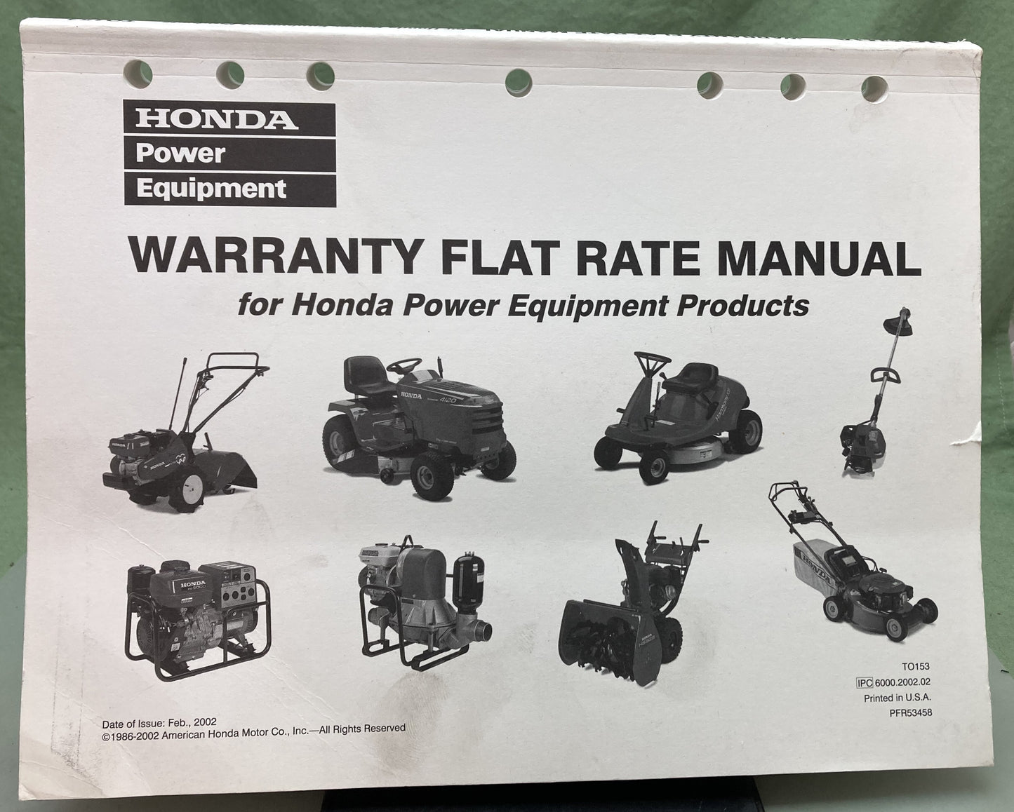Genuine Honda PFR53458 Warranty Flat Rate Manual for Honda Power Equipment 2002