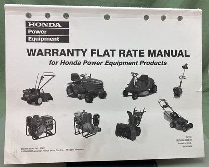 Genuine Honda PFR53458 Warranty Flat Rate Manual for Honda Power Equipment 2002