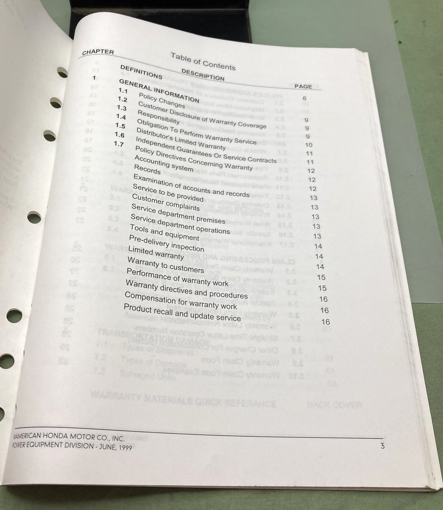 Genuine Honda TO954 Warranty Operations 1999