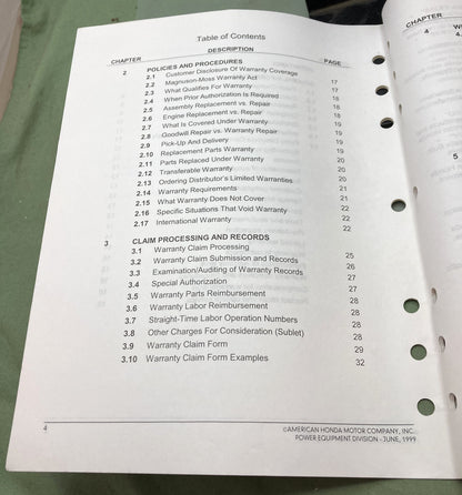 Genuine Honda TO954 Warranty Operations 1999