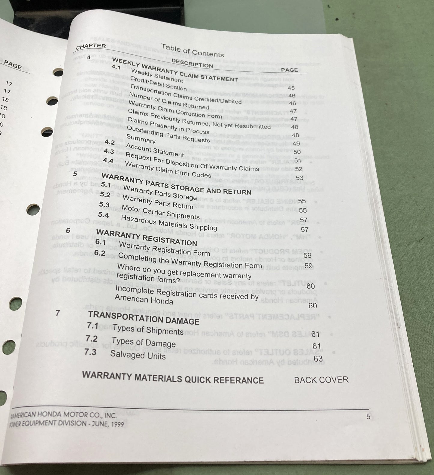 Genuine Honda TO954 Warranty Operations 1999