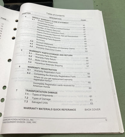 Genuine Honda TO954 Warranty Operations 1999