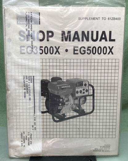 New Genuine Honda 61ZB400X EG3500X, EG5000X Supp. Shop Manual 2001