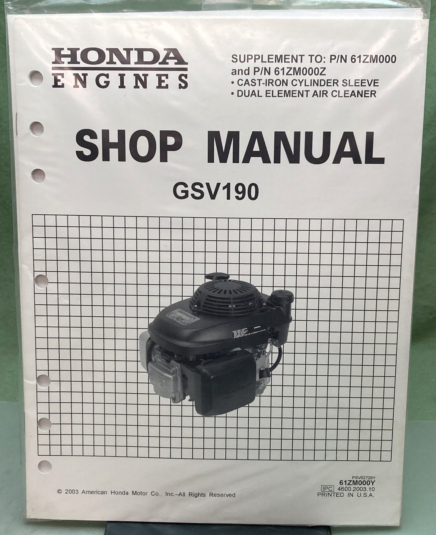 New Genuine Honda 61ZM000Y GSV190 Supp. Shop Manual 2003