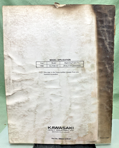 GENUINE KAWASAKI 99924-1074-51 KLT185 SERVICE MANUAL SUPPLEMENT 1985