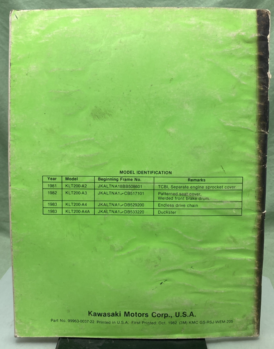 GENUINE KAWASAKI 99963-0037-22 KLT200 SERVICE MANUAL SUPPLEMENT 1982