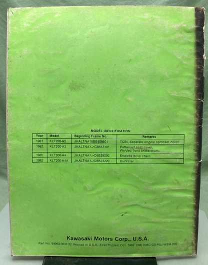 GENUINE KAWASAKI 99963-0037-22 KLT200 SERVICE MANUAL SUPPLEMENT 1982