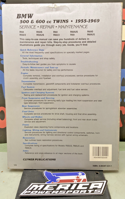 GENUINE CLYMER M308 BMW 500 & 600CC TWINS SERVICE MANUAL 1955-1969