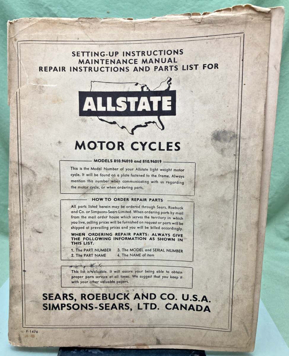 GENUINE ALLSTATE MOTOR CYCLES MODELS 810.94010 AND 810.94019 SET-UP, REPAIR