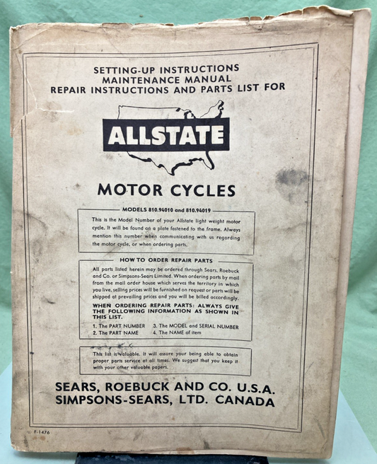 GENUINE ALLSTATE MOTOR CYCLES MODELS 810.94010 AND 810.94019 SET-UP, REPAIR