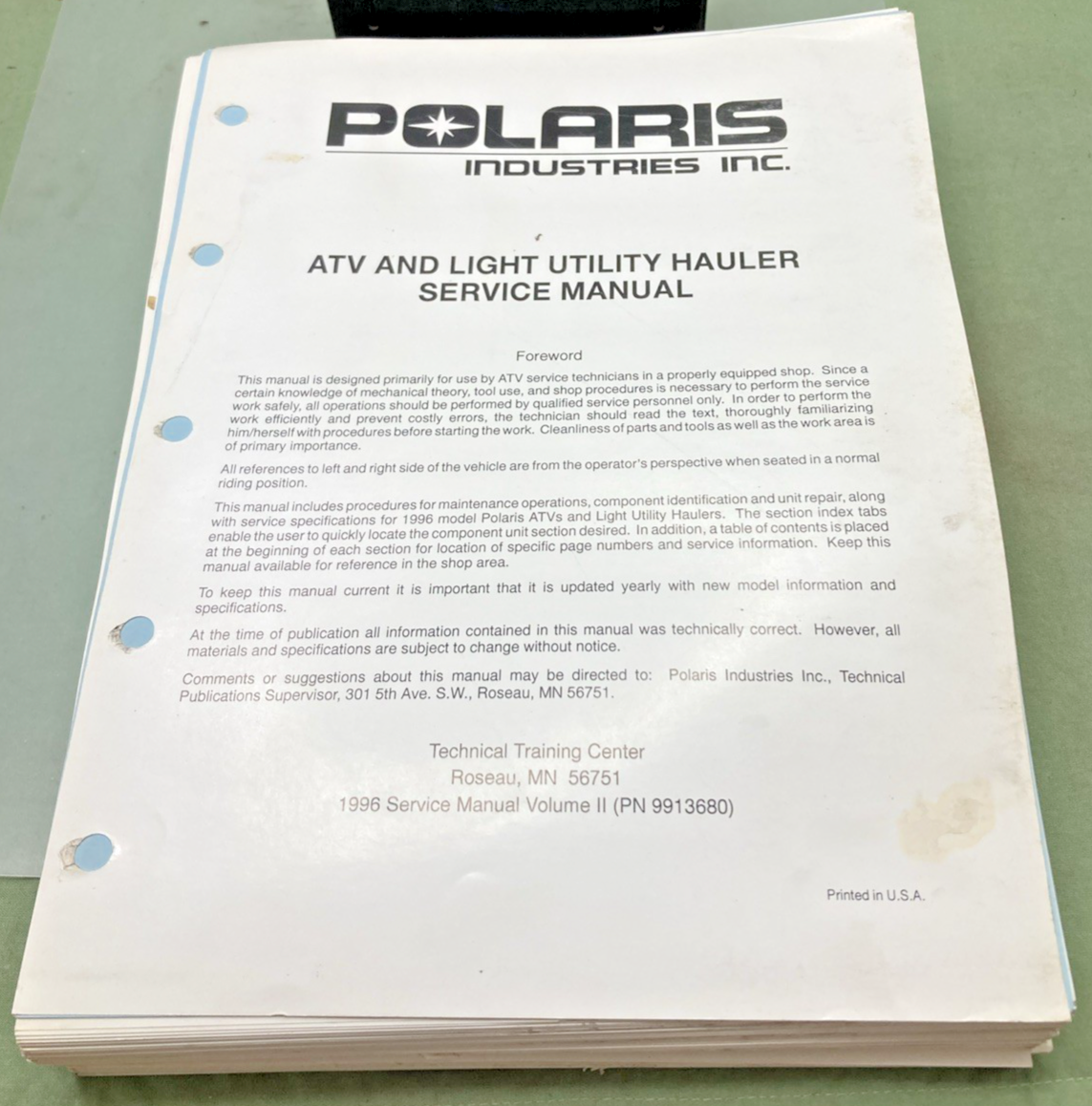 GENUINE POLARIS 9913680 ATV AND LIGHT UTILITY HAULER SERVICE MANUAL VOL. 2 1996