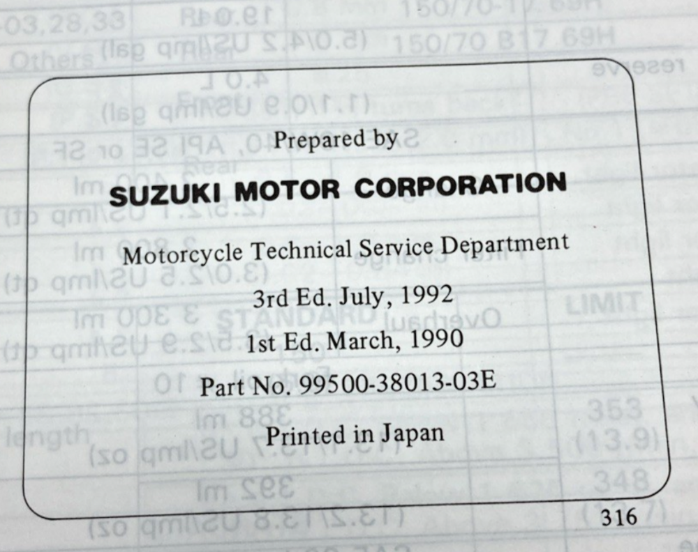 GENUINE SUZUKI 99500-38013-03E VX800 SERVICE MANUAL 1990