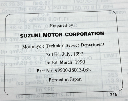 GENUINE SUZUKI 99500-38013-03E VX800 SERVICE MANUAL 1990