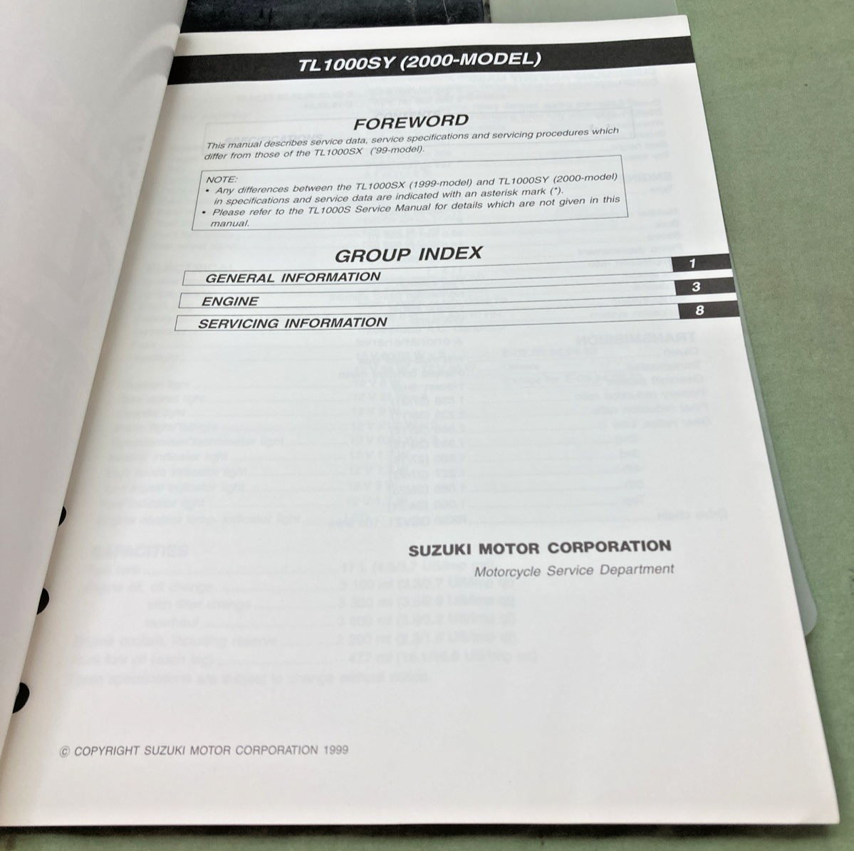 GENUINE SUZUKI 99501-39290-03E TL1000S SUPPLEMENTARY SERVICE MANUAL 1999