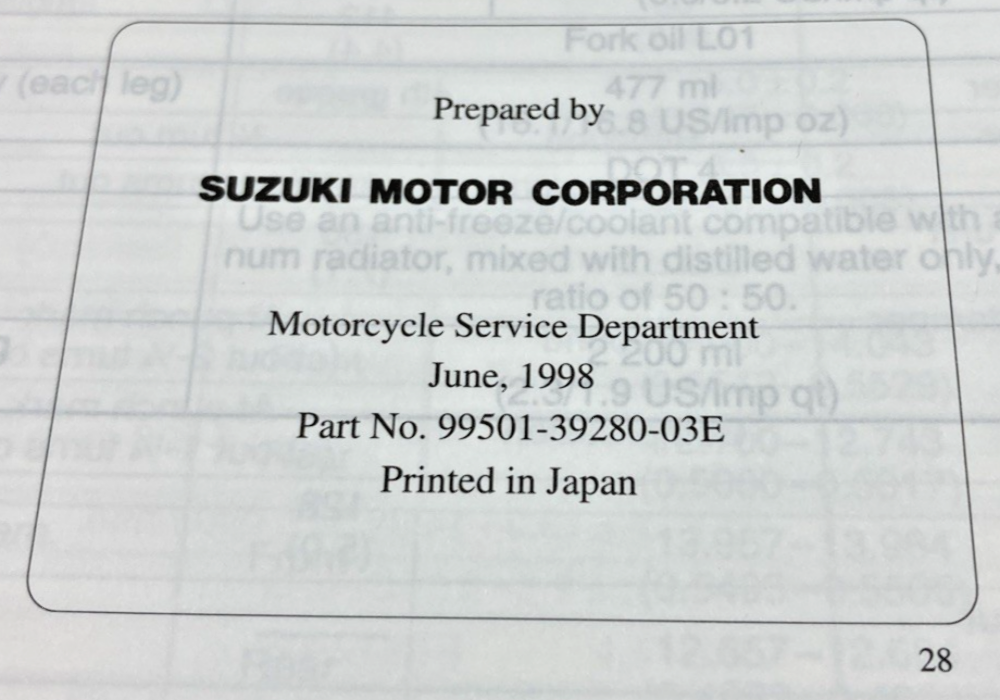 GENUINE SUZUKI 99501-39280-03E TL1000S SUPPLEMENTARY SERVICE MANUAL 1998
