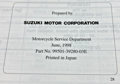 GENUINE SUZUKI 99501-39280-03E TL1000S SUPPLEMENTARY SERVICE MANUAL 1998