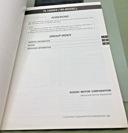 GENUINE SUZUKI 99501-39280-03E TL1000S SUPPLEMENTARY SERVICE MANUAL 1998