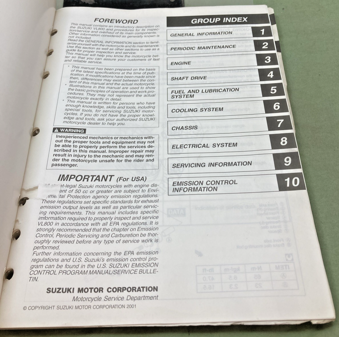 GENUINE SUZUKI 99500-38040-01E VL800 SERVICE MANUAL 2001
