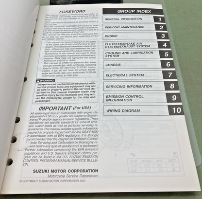 GENUINE SUZUKI 99500-39210-01E GSX-R1000 SERVICE MANUAL 2000