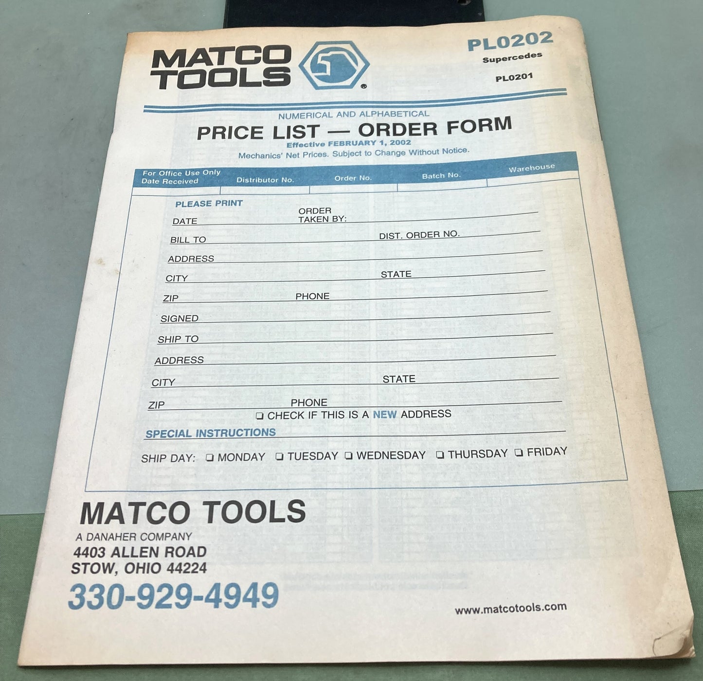 New Genuine Matco Tools PL0202 Price List Order Form 2002