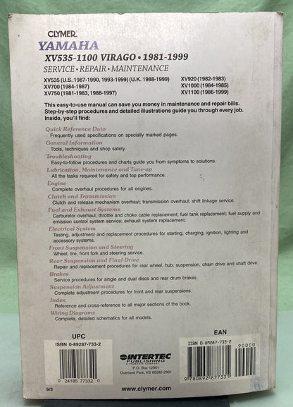 Genuine Clymer M395-9 Yamaha XV535-1100 Virago Service Manual 1981-1999