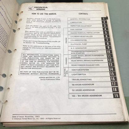 Genuine Honda 6144604 XR185-200 Shop Manual 1979-1984