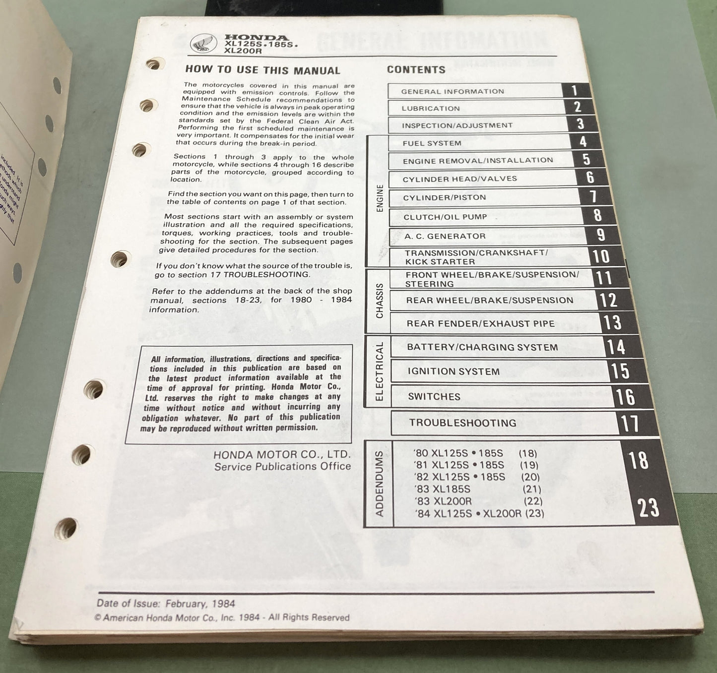 Genuine Honda 6143706 XL125S-185S, XL200R Shop Manual 1984