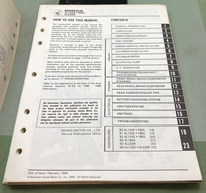 Genuine Honda 6143706 XL125S-185S, XL200R Shop Manual 1984