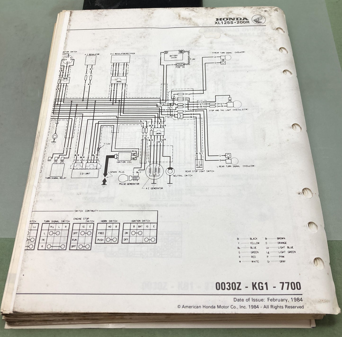 Genuine Honda 6143706 XL125S-185S, XL200R Shop Manual 1984