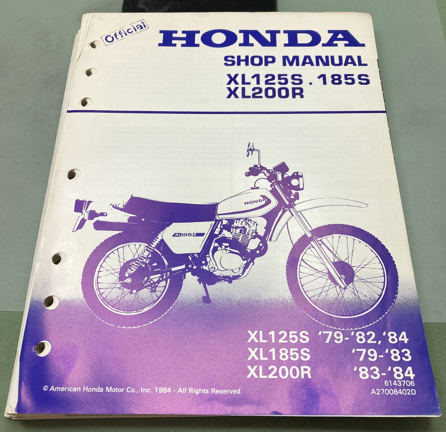 Genuine Honda 6143706 XL125S-185S, XL200R Shop Manual 1984