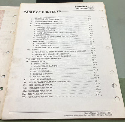 Genuine Honda 6115207 XL75/XL80S Shop Manual 1983