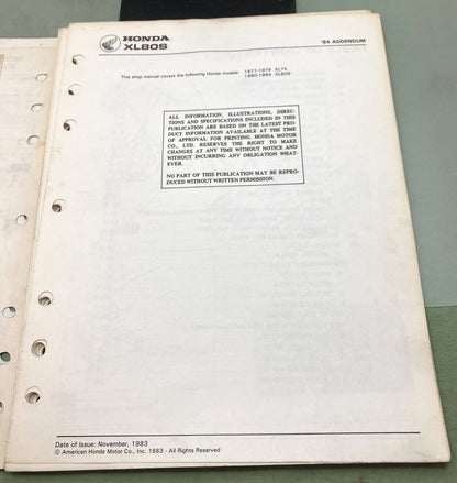 Genuine Honda 6115207 XL75/XL80S Shop Manual 1983
