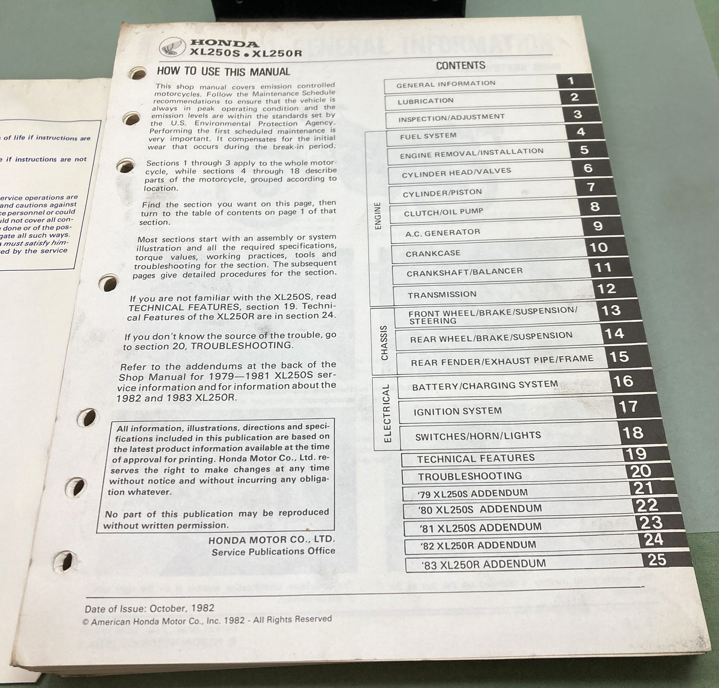 Genuine Honda 6142805 XL250S, XL250R Shop Manual 1982